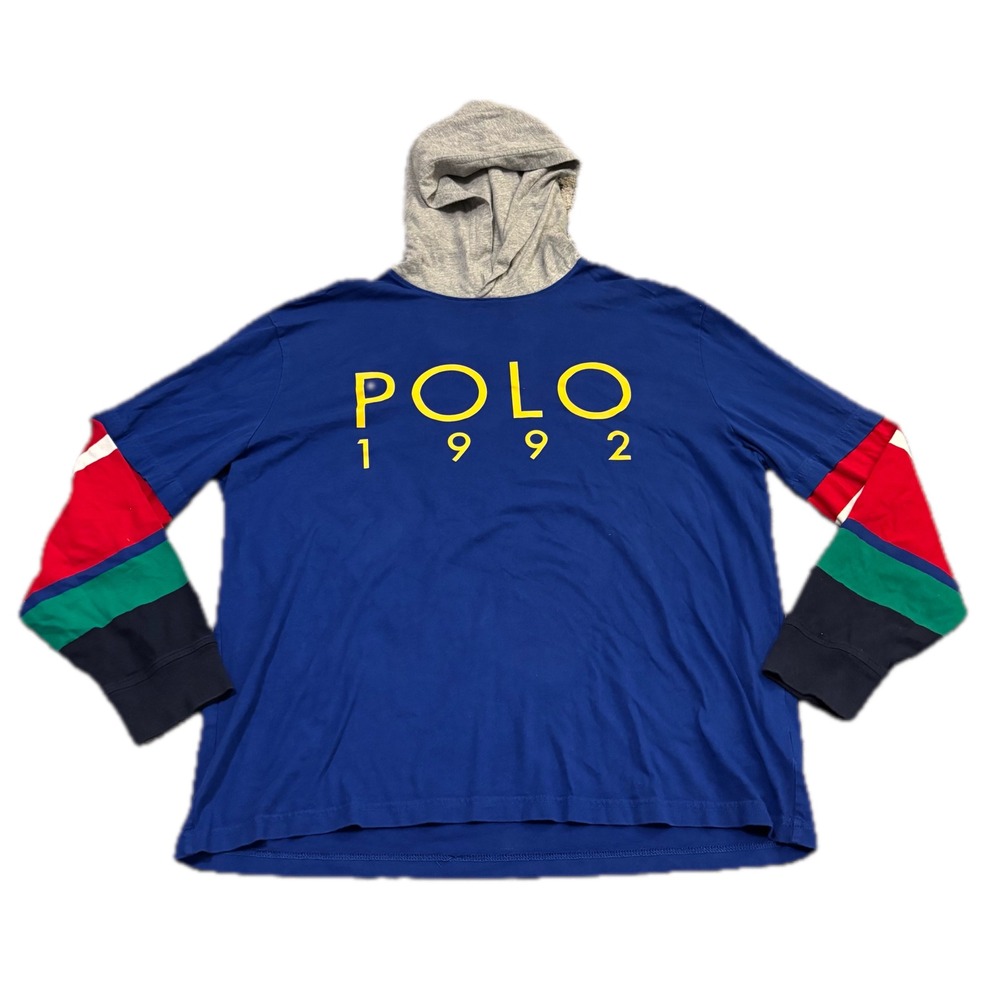 Polo Ralph Lauren 1992 Graphic Hooded T-Shirt Mens Large Blue Colorblock Stadium